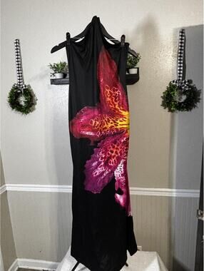 Black Maxi Dress with Large Pink and Yellow Floral Print